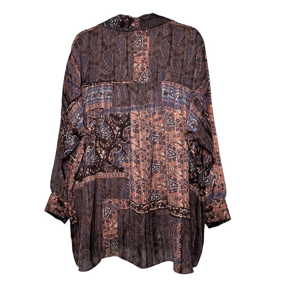 Zara Semi Sheer Patchwork Paisley Metallic Button Down Shirt Long Sleeve XL